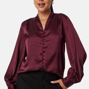 BUBBLEROOM Button Satin Blouse Wine-red S