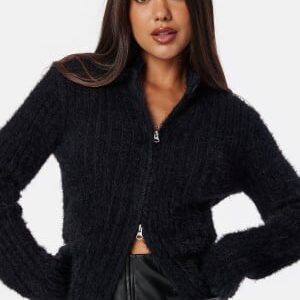 BUBBLEROOM Rib Knitted Zip Cardigan Black XS