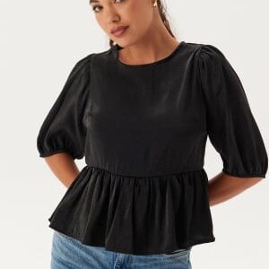 BUBBLEROOM Round Neck Puff Sleeve Blouse  Black S