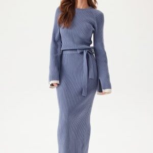 BUBBLEROOM Round Neck Rib Knitted Maxi Dress  Dusty blue S