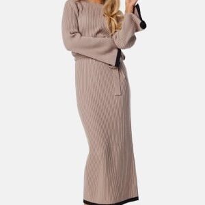 BUBBLEROOM Round Neck Rib Knitted Maxi Dress  Beige XL