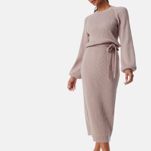 BUBBLEROOM Round Neck Rib Knitted Midi Dress  Beige XS