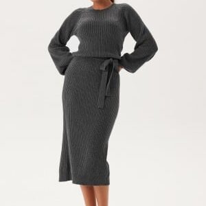 BUBBLEROOM Round Neck Rib Knitted Midi Dress  Dark grey melange S