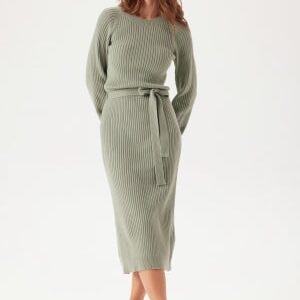 BUBBLEROOM Round Neck Rib Knitted Midi Dress  Dusty green XS