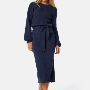 BUBBLEROOM Round Neck Rib Knitted Midi Dress  Navy S