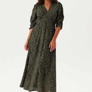 BUBBLEROOM Ruched Sleeve Midi Dress  Green/Patterned S