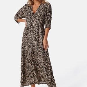 BUBBLEROOM Ruched Sleeve Midi Dress  Light nougat/Patterned S