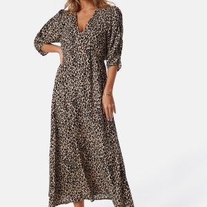 BUBBLEROOM Ruched Sleeve Midi Dress  Light nougat/Patterned XS