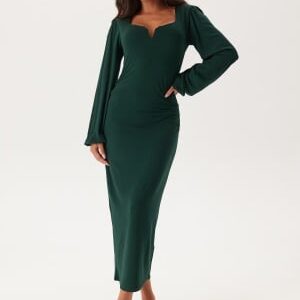 BUBBLEROOM Square V-neck puff sleeve midi dress Dark green S