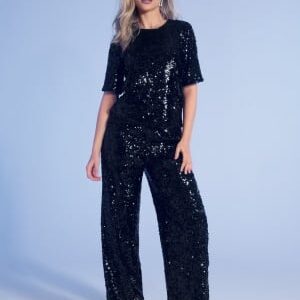 BUBBLEROOM Sequin Wide Trousers Black S