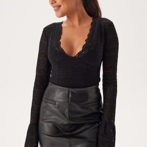 BUBBLEROOM V-neck Long Sleeve Lace Top Black XS