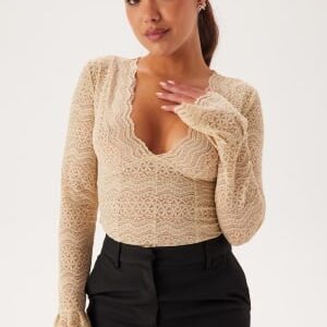 BUBBLEROOM V-neck Long Sleeve Lace Top Champagne S