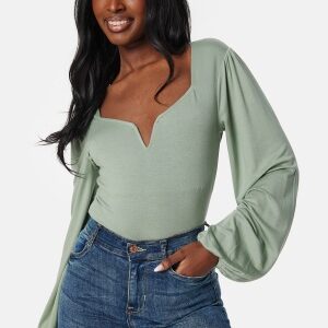 BUBBLEROOM Square V-neck Long Sleeve Puff Top Green S