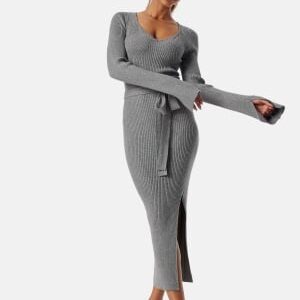 BUBBLEROOM Slit Knitted Midi Dress Grey melange XS