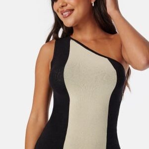 BUBBLEROOM Striped One Shoulder Knitted Top Cream/Black S