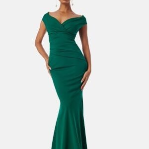 Goddiva Bardot Pleat Maxi Dress Emerald XS (UK8)