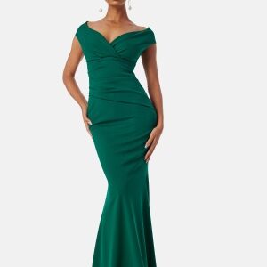 Goddiva Bardot Pleat Maxi Dress Emerald XXS (UK6)