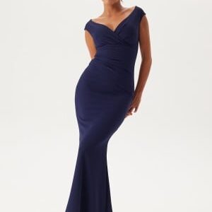 Goddiva Bardot Pleat Maxi Dress Dark blue S (UK10)