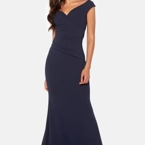 Goddiva Bardot Pleat Maxi Dress Navy XS (UK8)