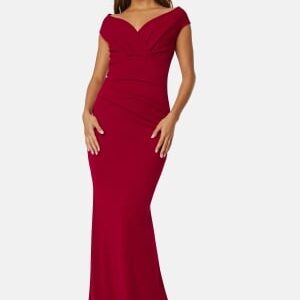 Goddiva Bardot Pleat Maxi Dress Wine-red XL (UK16)