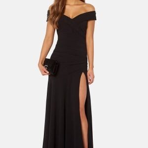 Goddiva Bardot Pleat Maxi Split Dress Black S XS (UK8)