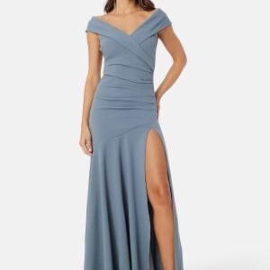 Goddiva Bardot Pleat Maxi Split Dress Light blue XXS (UK6)