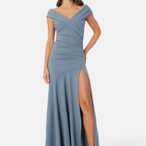 Goddiva Bardot Pleat Maxi Split Dress Light blue L (UK14)