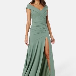 Goddiva Bardot Pleat Maxi Split Dress Light green L (UK14)