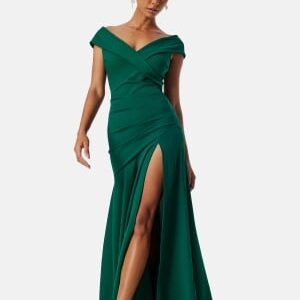 Goddiva Bardot Pleat Maxi Split Dress Emerald XS (UK8)