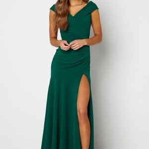 Goddiva Bardot Pleat Maxi Split Dress Green L (UK14)