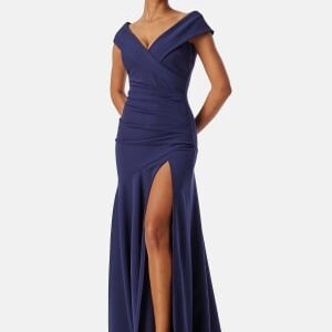 Goddiva Bardot Pleat Maxi Split Dress Dark blue XL (UK16)