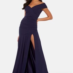 Goddiva Bardot Pleat Maxi Split Dress Navy L (UK14)