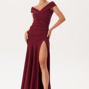 Goddiva Bardot Pleat Maxi Split Dress Wine-red M (UK12)