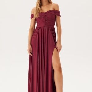 Goddiva Bardot Rouched Maxi Split Dress Berry XS (UK8)