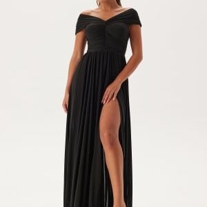 Goddiva Bardot Rouched Maxi Split Dress Black XS (UK8)