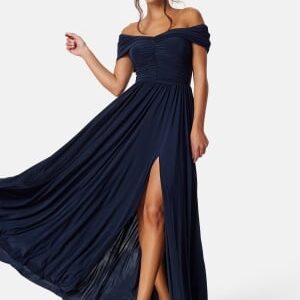 Goddiva Bardot Rouched Maxi Split Dress Navy S (UK10)