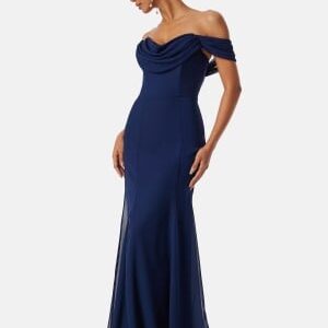 Goddiva Chiffon Off Shoulder Maxi Dress Navy M (UK12)