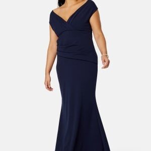 Goddiva Curve Bardot Pleat Maxi Dress Navy 54 (UK26)