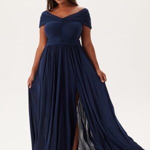 Goddiva Curve Bardot Rouched Maxi With Split Navy 46 (UK18)