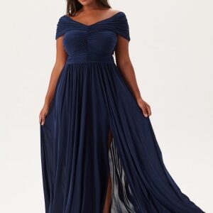 Goddiva Curve Bardot Rouched Maxi With Split Navy 44 (UK16)