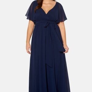 Goddiva Curve Flutter Sleeve Chiffon Maxi Curve Dress Navy 50 (UK22)