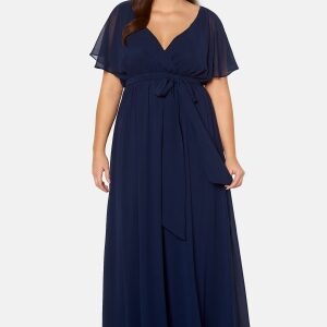 Goddiva Curve Flutter Sleeve Chiffon Maxi Curve Dress Navy 48 (UK20)