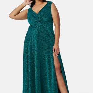 Goddiva Curve Glitter Wrap Front Maxi Curve Dress With Split Green 46 (UK18)