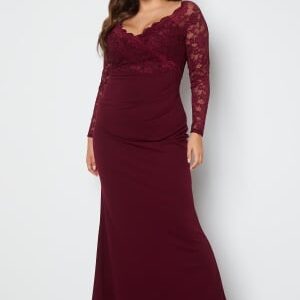 Goddiva Curve Long Sleeve Lace Trim Maxi Dress Dark Wine 50 (UK22)