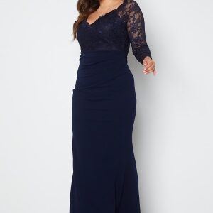 Goddiva Curve Long Sleeve Lace Trim Maxi Dress Navy 54 (UK26)