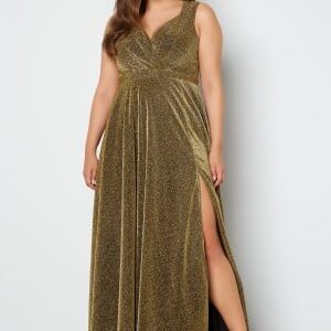 Goddiva Curve Glitter Wrap Front Maxi Curve Dress With Split Gold 46 (UK18)