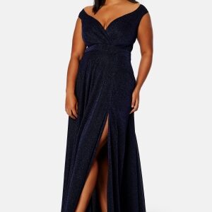 Goddiva Curve Glitter Wrap Front Maxi Curve Dress With Split Navy 46 (UK18)