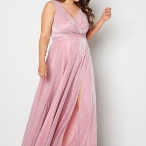 Goddiva Curve Glitter Wrap Front Maxi Curve Dress With Split Pink 44 (UK16)