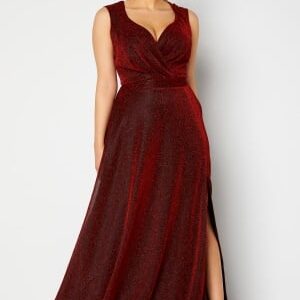 Goddiva Curve Glitter Wrap Front Maxi Curve Dress With Split Red 52 (UK24)