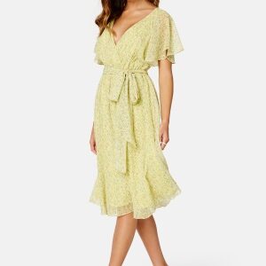 Goddiva Ditsy Flutter Sleeve Midi Dress Soft Lemon XS (UK8)